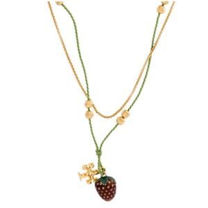 NEW Tory Burch Kira Raspberry Pendant Necklace Gold Green Layered Logo Fruit
